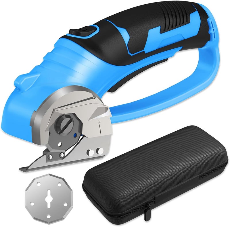 Pratuor Cordless Electric Scissors, 4V Box Cutter & Cardboard Cutter with 2 Titanium Blades - Rotary Cutter with LED Light for Fabric, Leather, Carpet, Plastic, Crafting + Storage Case (Blue) - Image 1